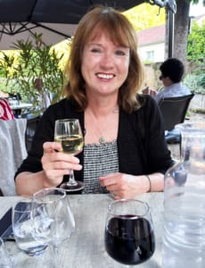 Karen enjoying lunch at the restaurant Les Marroniers, Lanquais