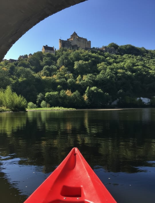 Canoeing past chateau under bridge Canoeing past chateau in Cadouin under bridge